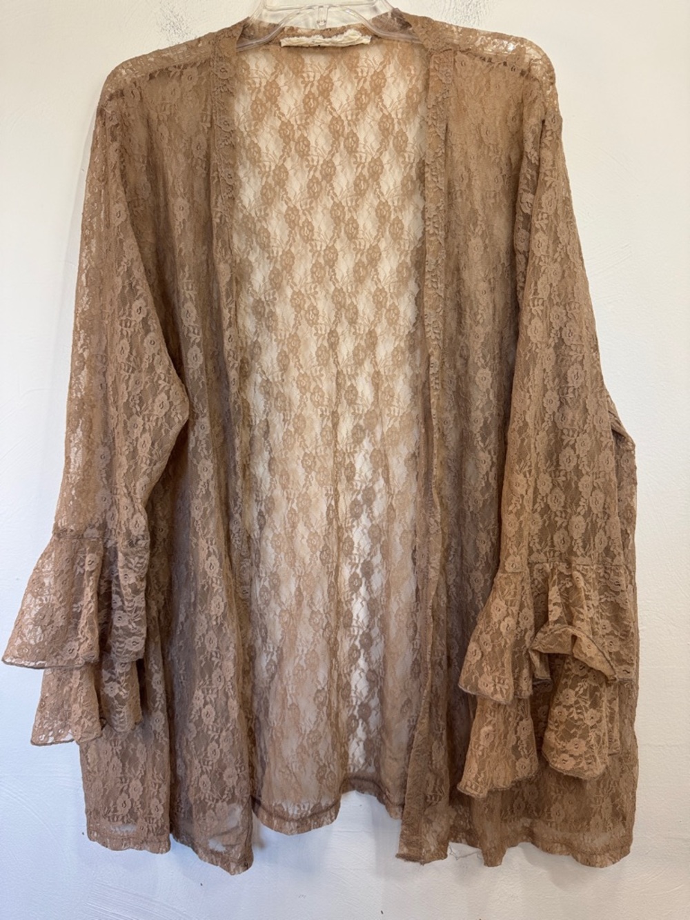 Lace Open-Front Ruffle Sleeve Cardigan - Tan plus size 3x romantic boho bow